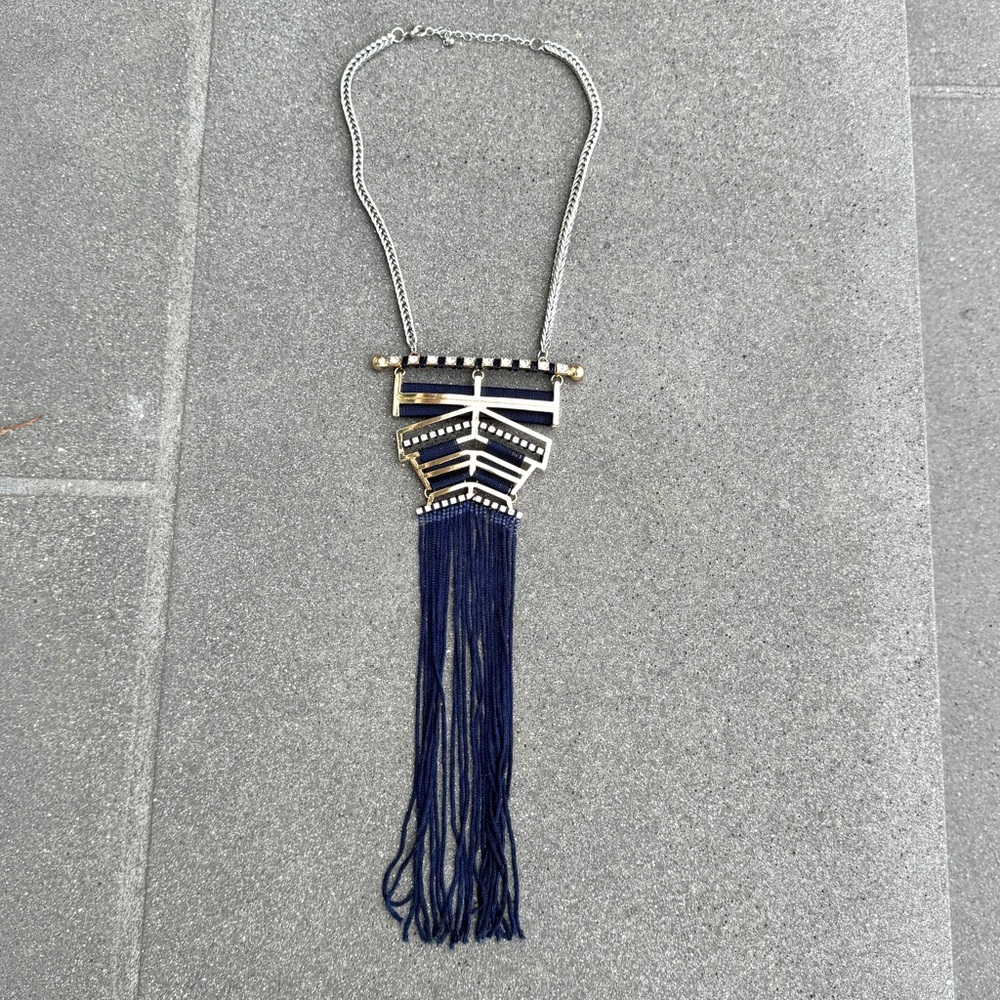 NORDSTROM statement necklace gold NAVY TASSELS silver rhinestones big bib long - Picture 6 of 9